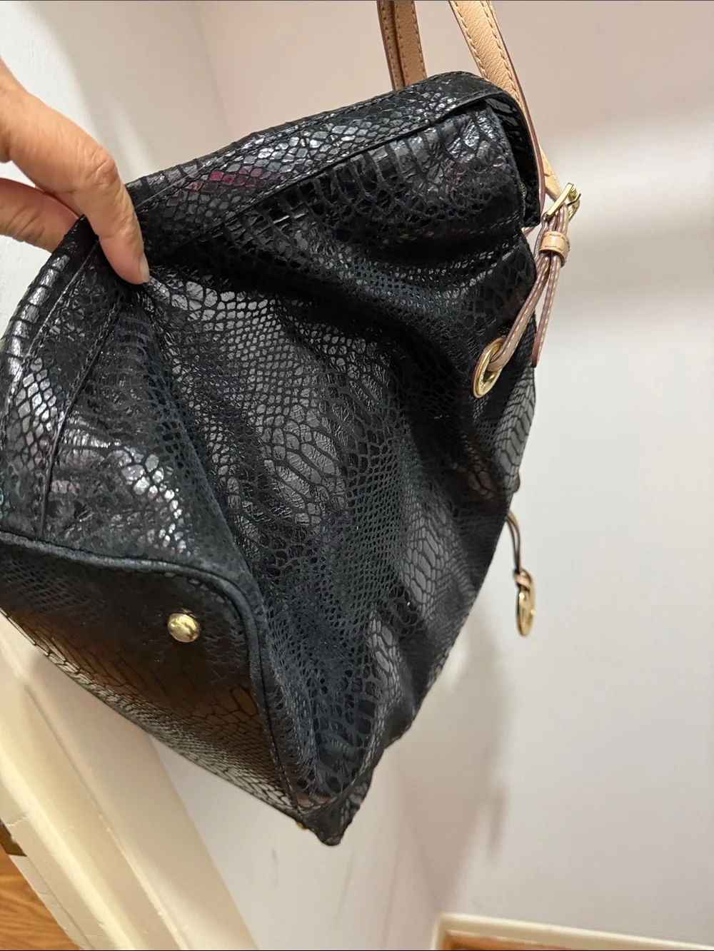 Michael Kors Black Faux-Snake Tote with Tan Shoulder Straps